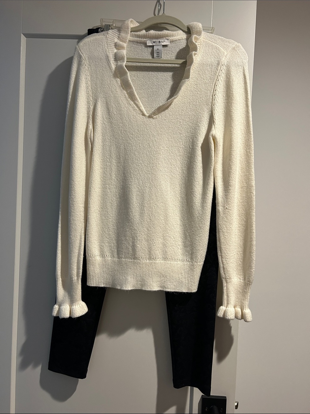 White House Black Market Cream Ruffle-Trim V-Neck Sweater Top